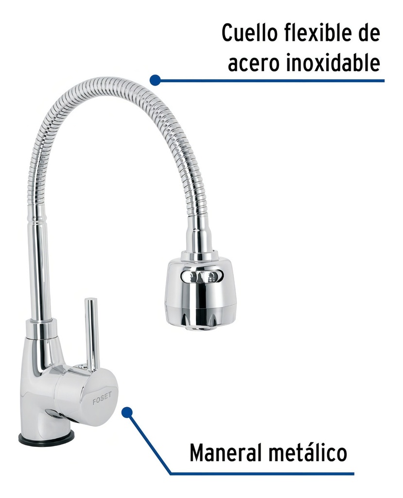 Monomando Para Fregadero Con Cuello Flexible, Cromado Acabado Cromo Color Gris Claro