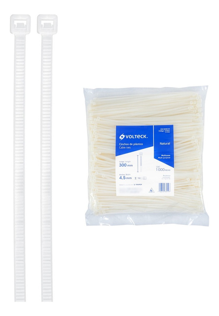 Cincho Plástico, 50 Lb, 30 Cm, Bolsa 1000 Pz Volteck 47464 Color Blanco
