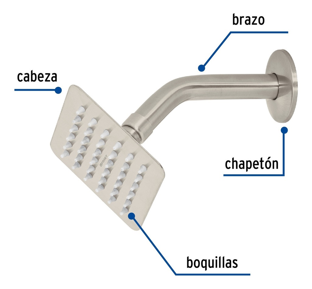 Regadera Cuadrada 4 , Acero Inox, Sin Brazo, Cromo, Túbig Acabado Satin