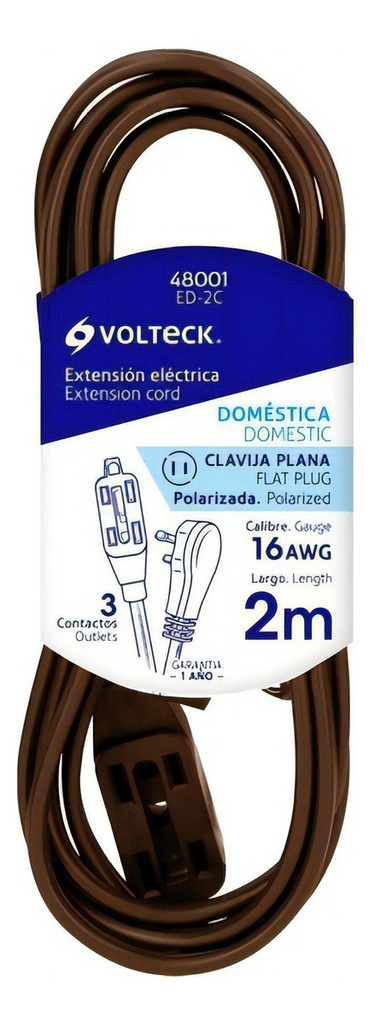 Extensión Eléctrica Doméstica 2 M Café Con Clavija Plana