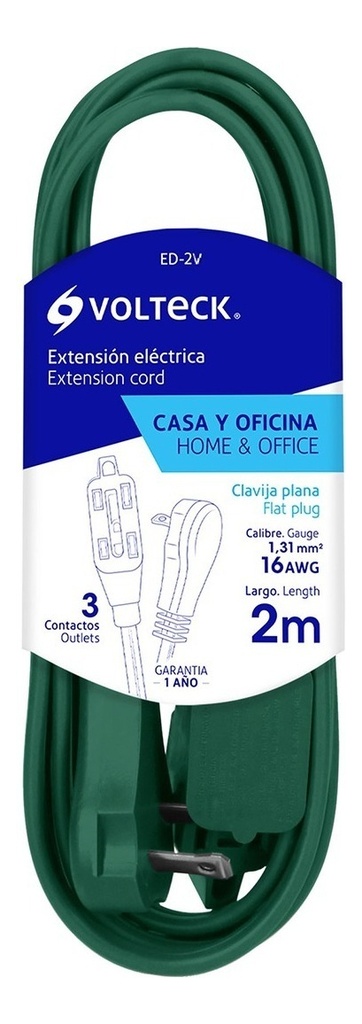 [TR-ED-2V] Extensión Eléctrica Volteck 2m Verde 3 Contactos Clavija Plana 90°