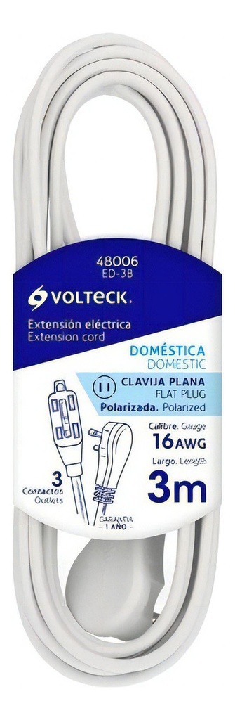 Extensión Eléctrica Doméstica 3 M Blanca Con Clavija Plana Ed-3b Blanco