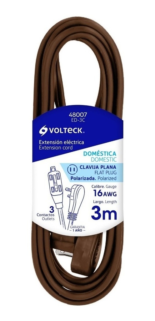 Extensión Eléctrica Doméstica, 3 M, Café, Volteck, 48007