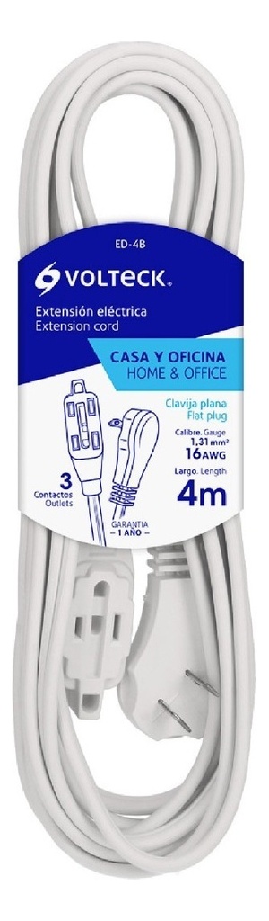 Extensión Eléctrica Doméstica, 4 M, Blanca, Volteck 48012