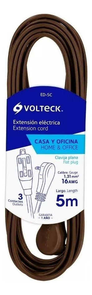 Extensión Eléctrica Doméstica 5 M Café Con Clavija Volteck