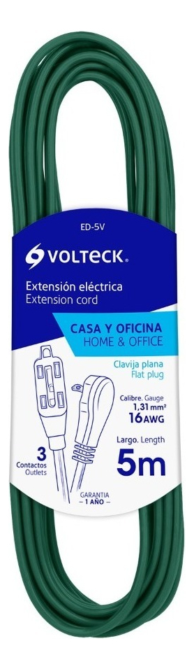 Extensión Eléctrica Doméstica, 5 M, Verde, Volteck 48020 Color Verde