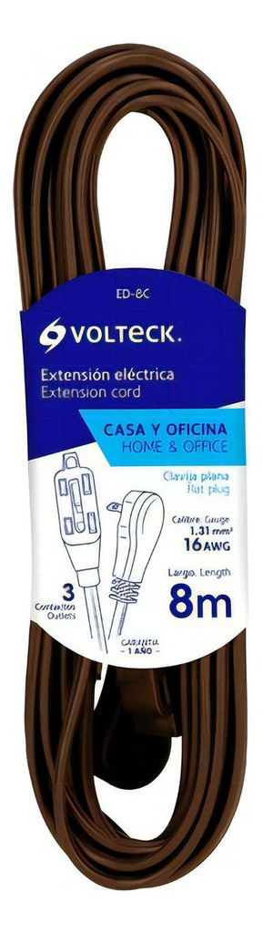 Extensión Eléctrica Doméstica, 8 M, Café, Volteck 48031