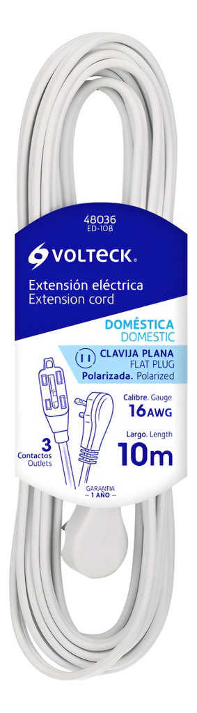 Extensión Eléctrica Doméstica, 10 M, Blanca, Volteck, 48036 Blanco