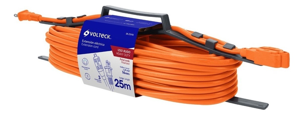 Extensión Eléctrica De Uso Rudo 25 M 2x16 Awg, Volteck Naranja