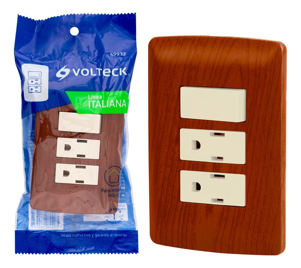 Placa Armada 2 Contactos E Interruptor Madera Volteck 49937 Color Café Marrón