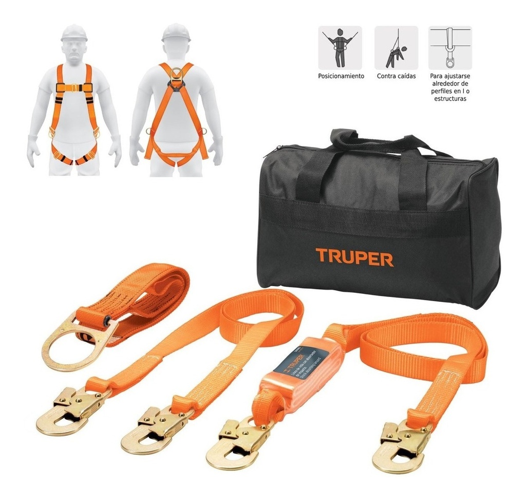 Kit Contra Caídas Arnés De Tres Anillos Truper 100889 Color Naranja