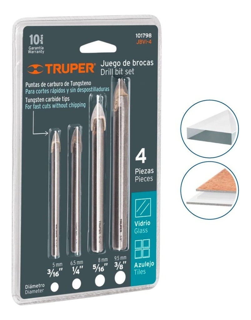 Juego De Brocas Para Vidrio Y Azulejo,4 Piezas Truper 101798