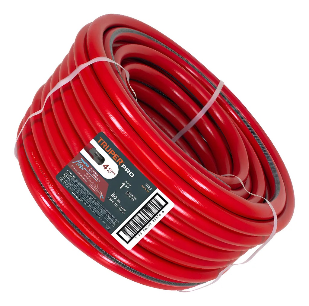 Manguera 1'', Super Reforzada, 4 Capas, 50 M, Truper 11129 Color Rojo