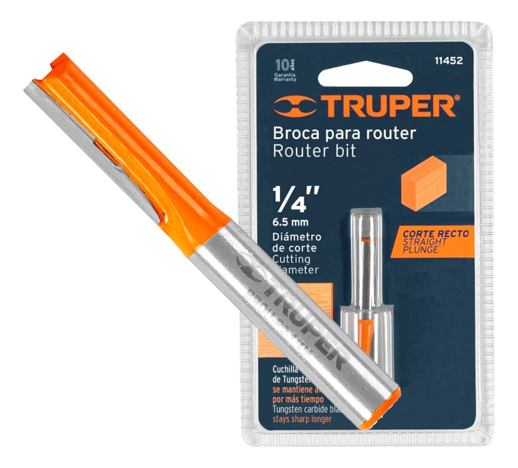 Broca Router, Recta 2 Filos, 1/4', Mediana Truper 11452