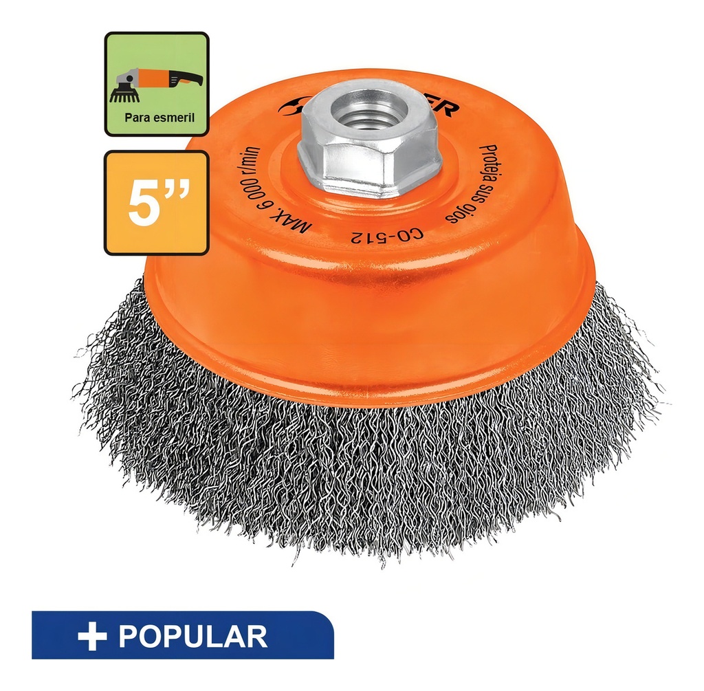 [TR-CO-512] Carda Copa, Alambre Ondulado, 5" Esmeril Truper 11535 Color Naranja