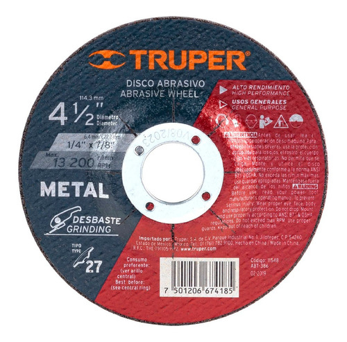 Disco T.27 Desb. Metal 4-1/2' Alto Rend. Truper 11548 Color Negro