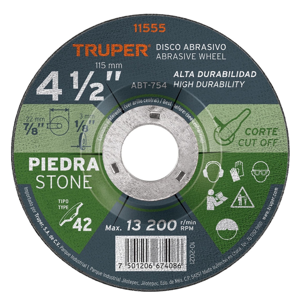 [TR-ABT-754] Disco Corte De Piedra Tipo 42 4 1/2 Truper 11555 Color Gris