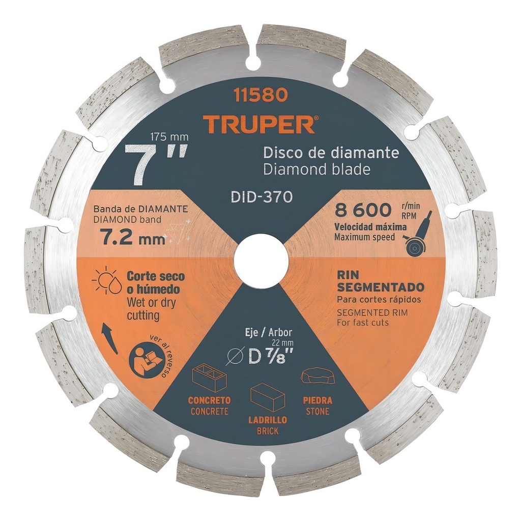 [TR-DID-370] Disco De Diamante Rin Segmentado Diámetro 7" Truper 11580 Color Plateado