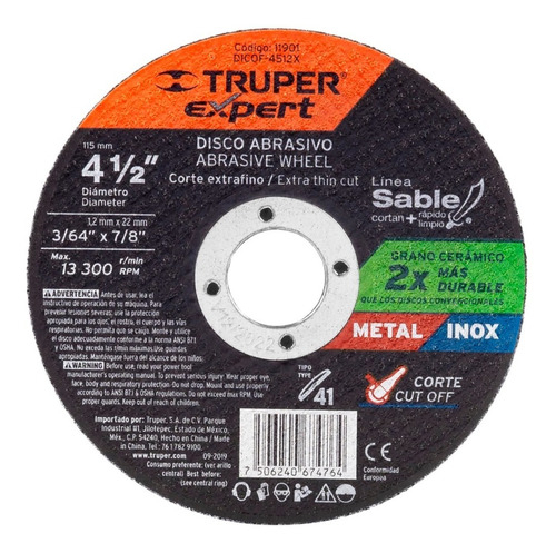Disco Corte Metal 4 1/2" Maxima Durabilidad 1. Truper 11901