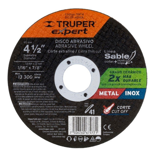 Disco Corte Metal 4 1/2" Maxima Durabilidad 1. Truper 11974