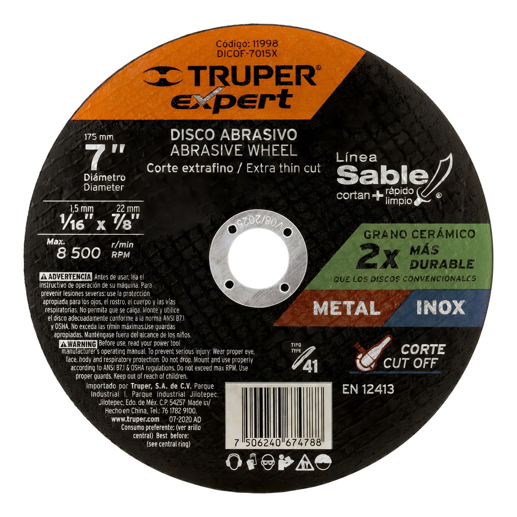 Disco Corte Fino Metal 7" 1.5mm Max Duracion Truper 11998