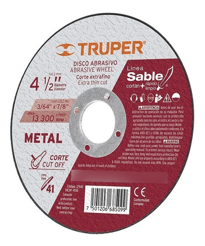 Disco Corte Metal 4-1/2' X 1 Mm Extrafino Truper 12545