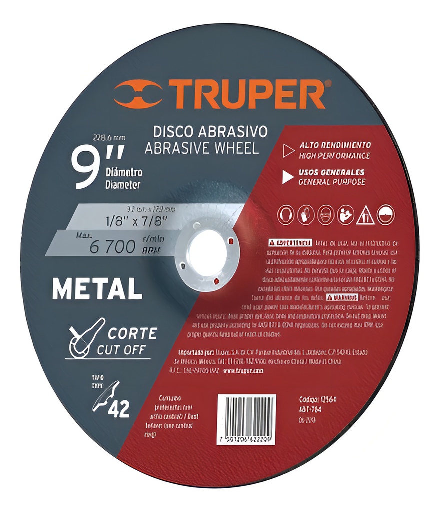 Disco T.27 Corte Metal 9' Uso Gral. Truper 12564
