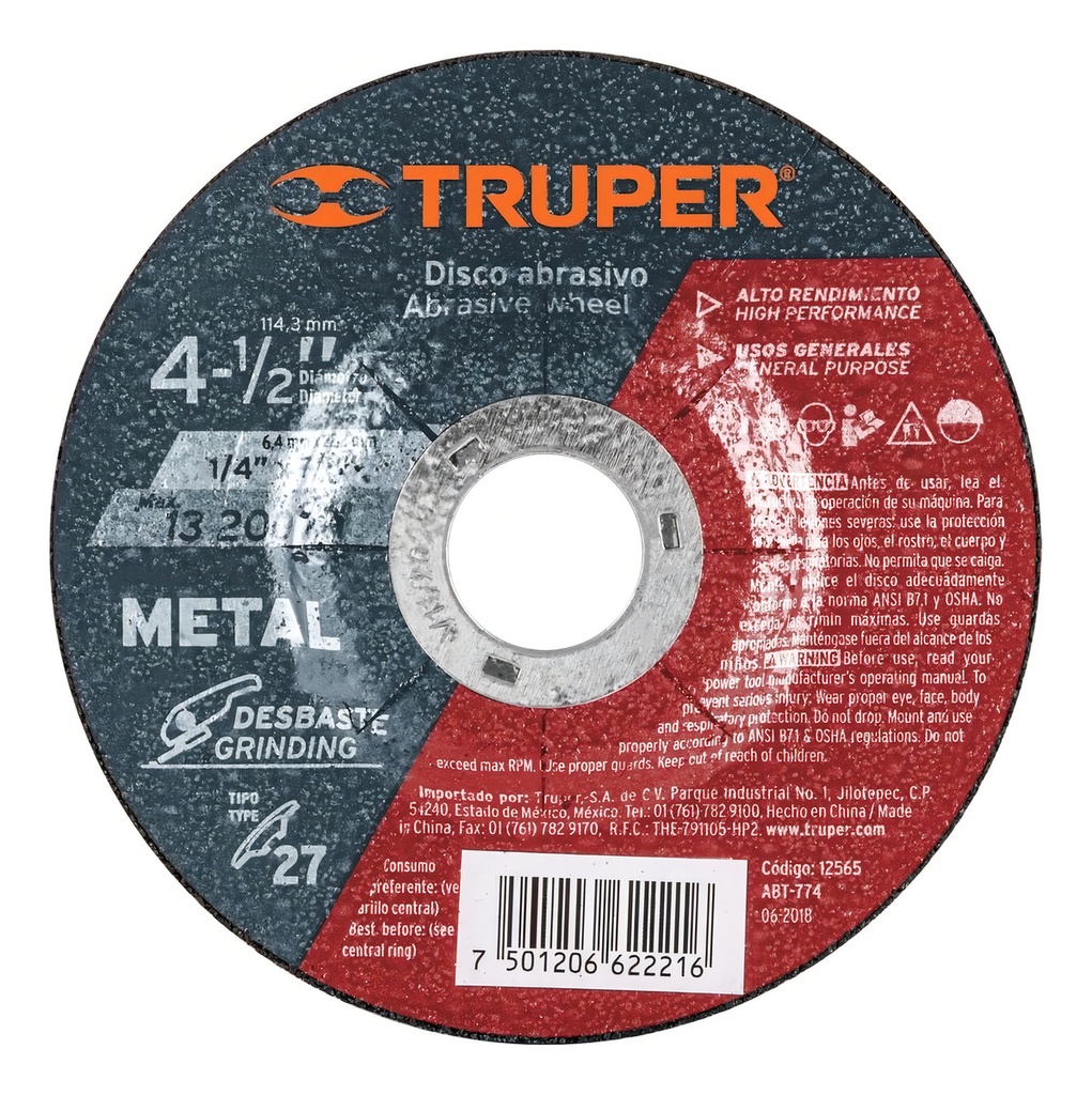 Disco 4 1/2" Desbaste Metal 6.4mm Truper 12565
