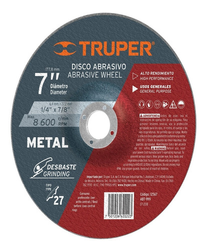 [TR-ABT-999] Disco Para Desbaste De Metal Tipo 27 Diámetro Truper Rojo