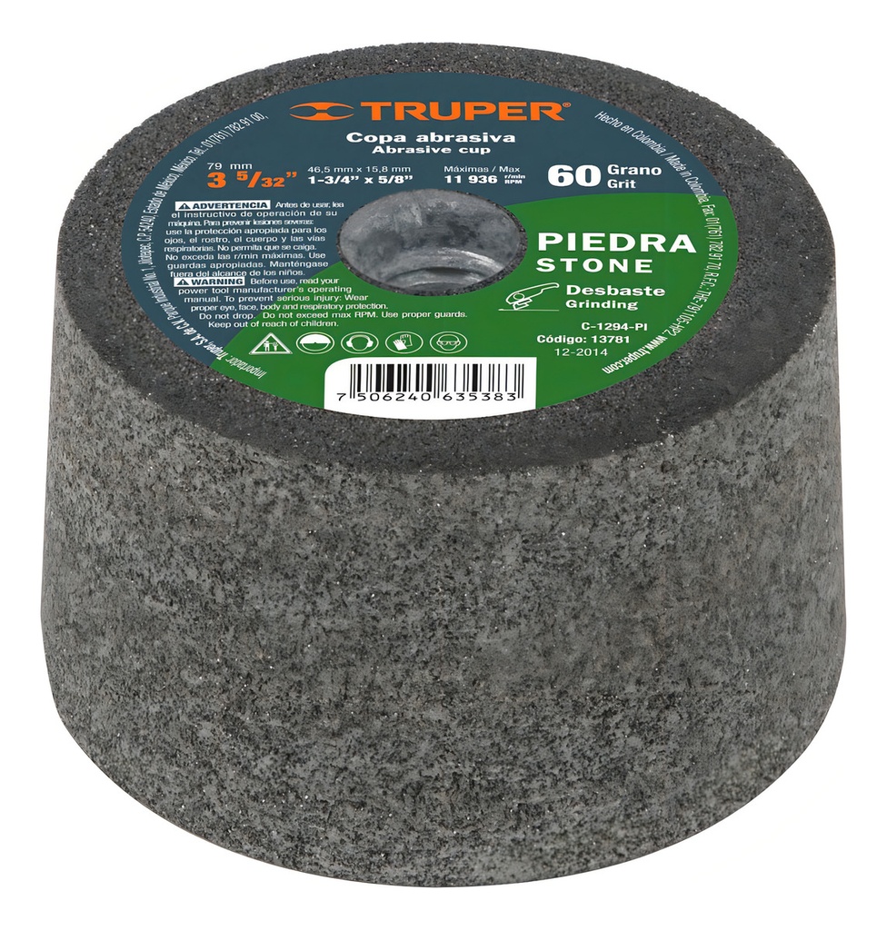 Copa Desbaste De Piedra 3-5/32' Grano 60, Eje 5/8-11, Truper