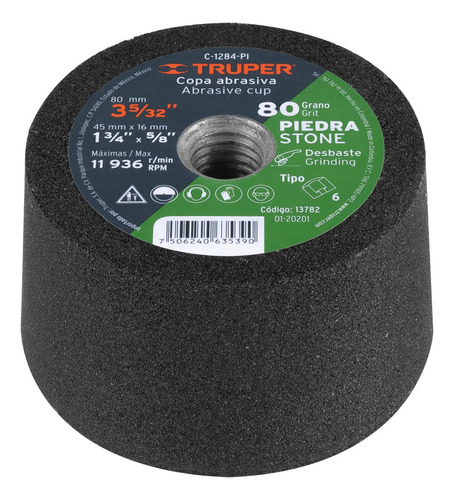 Copa Desbaste Piedra 3-5/32" Eje 5/8-11, Truper Cantidad De Granos 80