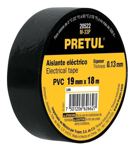 [TR-M-33P] Pretul 20522 Cinta Aisladora 19mm X 18m 1 Unidad Negro