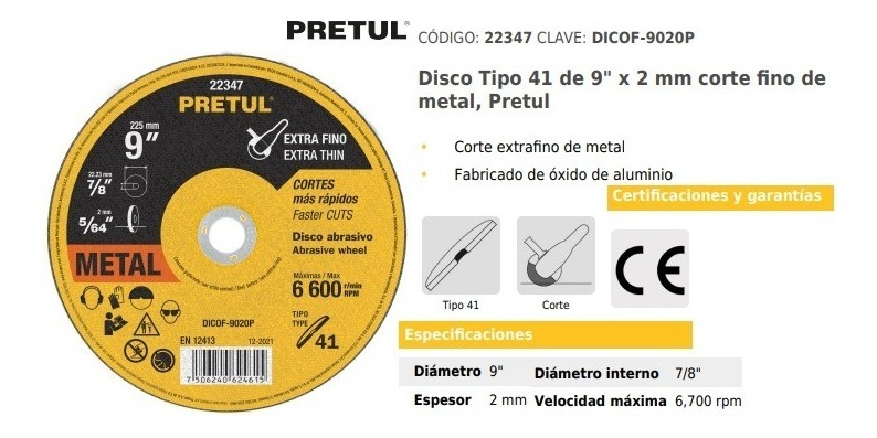 [TR-DICOF-9020P] Disco Tipo 41 Corte Fino Metal 9", 2 MM Pretul 22347 Color Amarillo