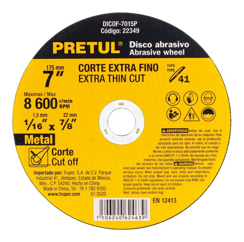 Disco Corte Metal 7' X 1.5mm Pretul 22349