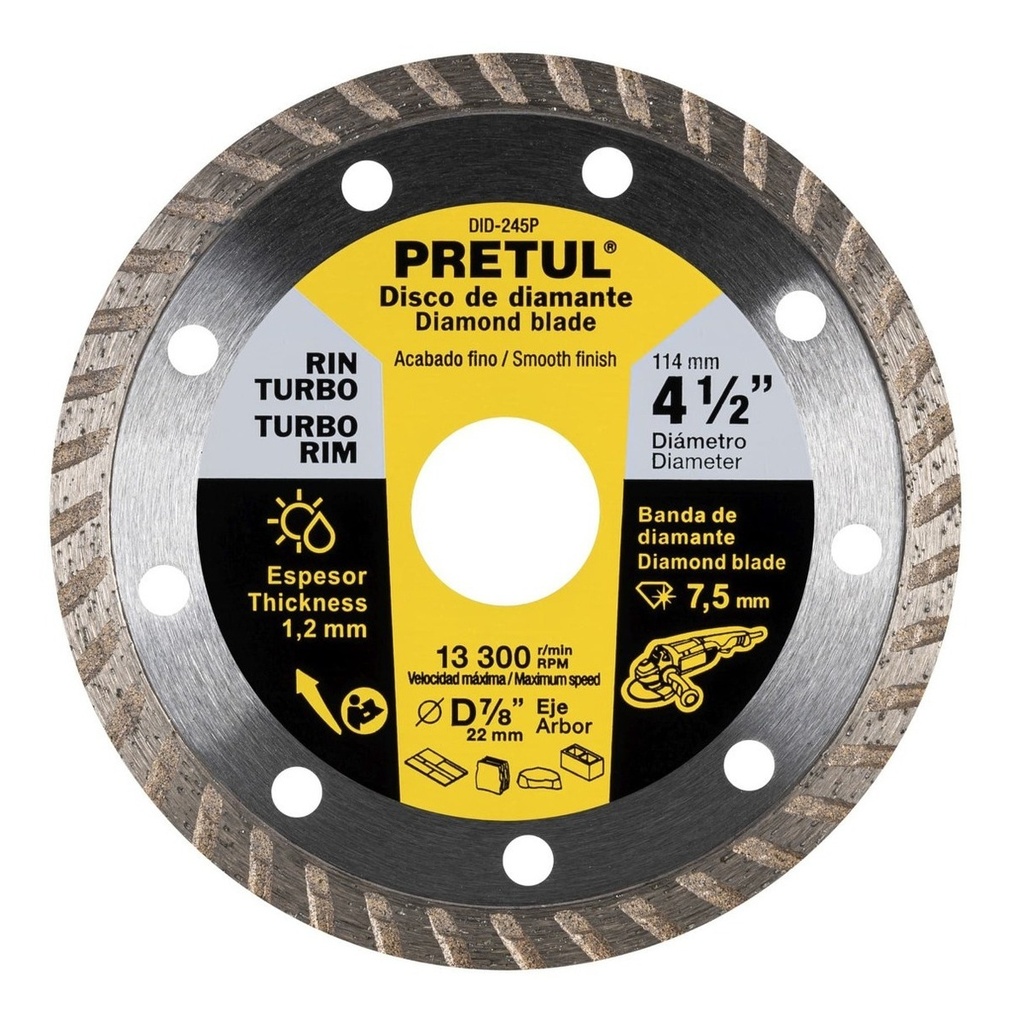 Disco de Diamante Para Esmeriladora Rin Turbo, 4-1/2 Pretul
