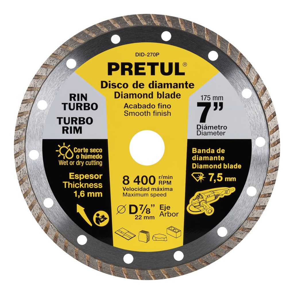 [TR-DID-270P] Disco de Diamante Para Esmeriladora Rin Turbo, 7 Pretul Acero