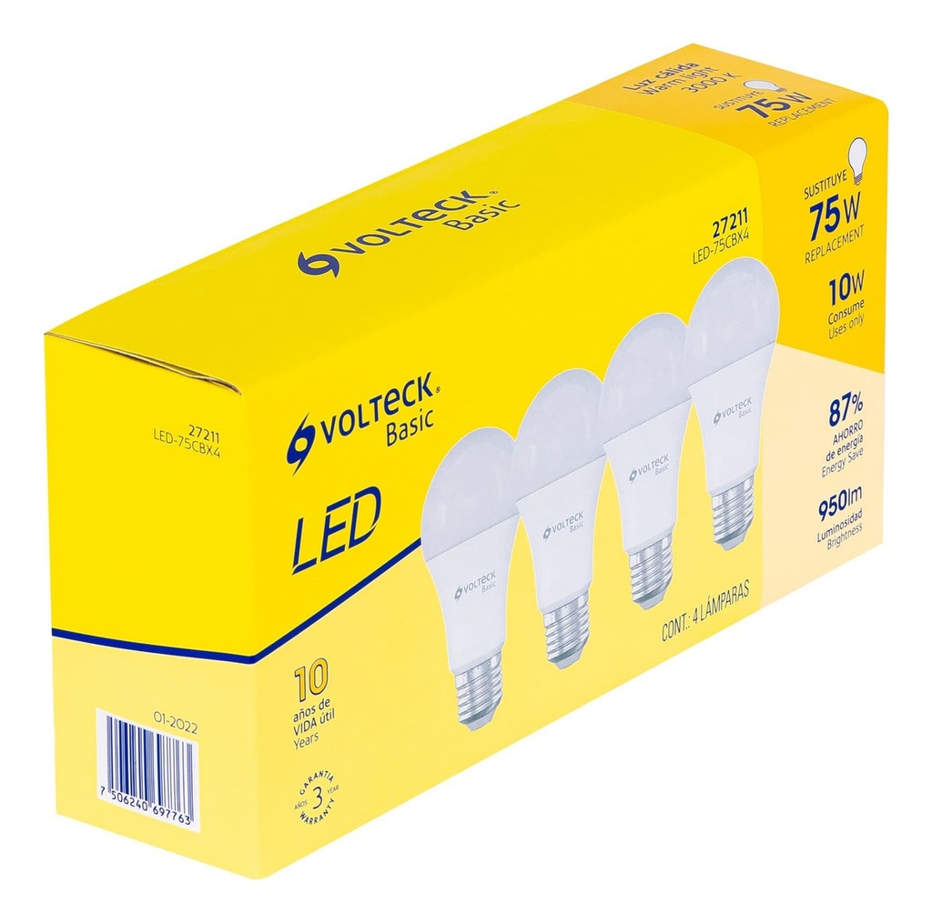 [TR-LED-75CBX4] Foco LED Tipo Bulbo 10 W Luz Calida 4 Piezas Volteck 27211 Color de la Luz