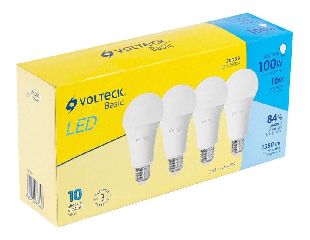 Lámpara Led, A19, 16w, Luz De Día, 4 Pzas, Volteck 28008, Luz Blanca