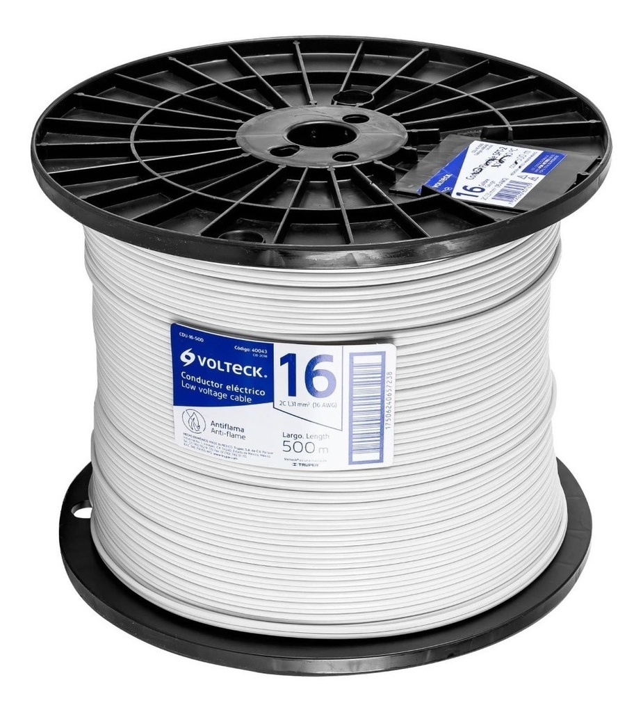 Cable Duplex Voltech 500m Calibre 16 Awg Cobre Multifásico Cubierta Blanca Blanco
