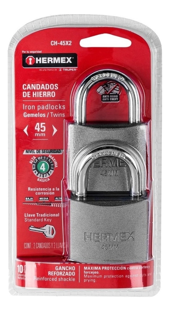 [TR-CH-45X2] Candados Hierro 45mm Gancho Corto Blister 2 Pz Hermex 43322 Color Gris