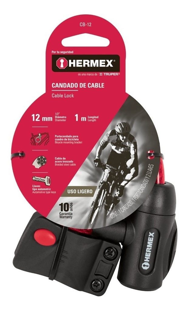 Hermex Cb-12 Candado De Cable Con Llave 12mm X 1m