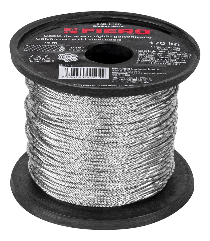 Cable Acero 1/16 7x7 Hilos Fiero 44208 Color Plateado