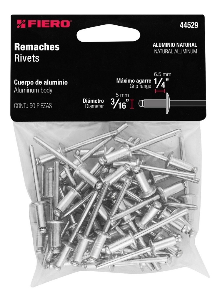 [TR-R-64B] Bolsa Con 50 Remaches 3/16 X 1/4 de Aluminio, Ala 3/8