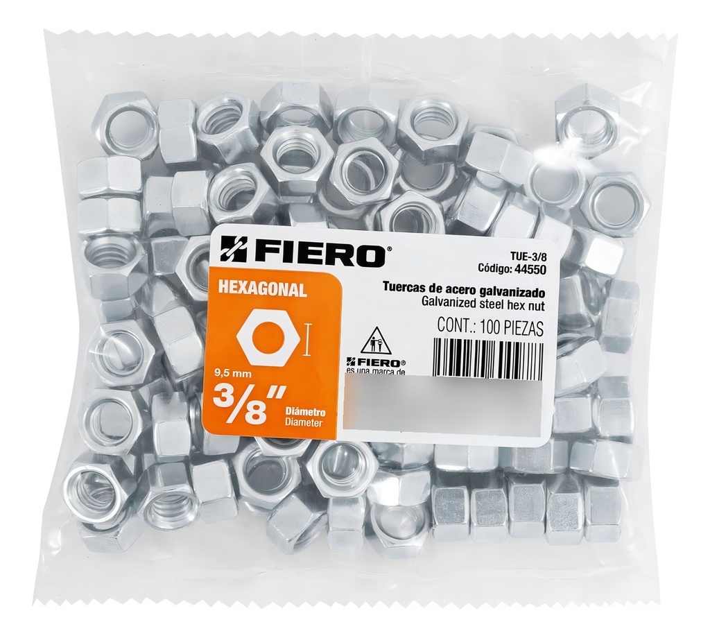 Bolsa Con 100 Tuercas 3/8'' Hexagonales De Acero Galvanizado Fiero
