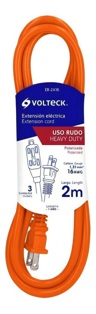 [TR-ER-2X16] Extensión Uso Rudo 2 Mt Cal. 16 Volteck Er-2x16 Naranja