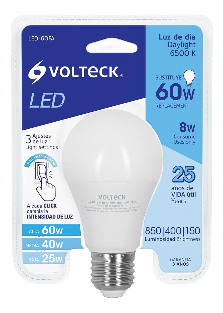 [TR-LED-60FA] Foco Led T. Bulbo Con 3 Niveles De Iluminacion Volteck 48052 Luz Blanco Frío
