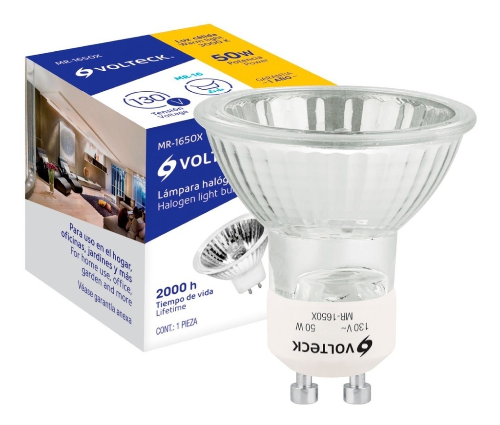 Foco De Halógeno Tipo Mr 16, 50 W, Base Gu10, Volteck 48380 Luz Luz Cálida Blanco Cálido