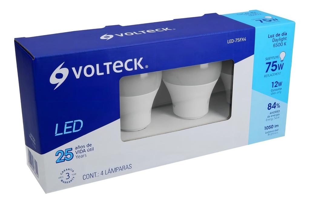 Pack de 4 Lámparas de LED A19 12 W Luz de Día, Caja, Volteck Luz de Día