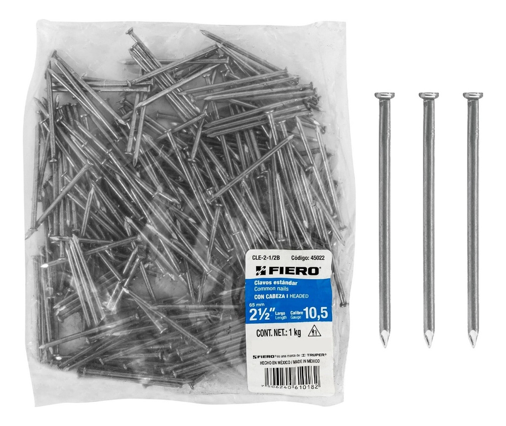 [TR-CLE-2-1/2B] Clavo Estandard, 2-1/2", Con Cabeza, Bolsa 1 Kg Fiero 45022
