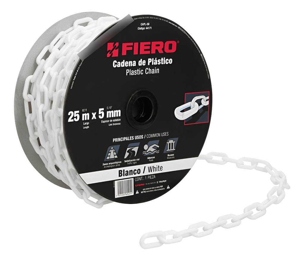 [TR-CAPL-5B] Cadena Plastica 5 Mm X 25 Mt Blanca Fiero 44171 Color Blanco
